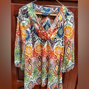 Tribal airy Boho peasant blouse top long sleeve v neck Sz. 6